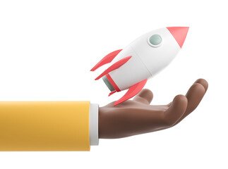 Hand holding a small rocket with red fins and white body, closeup isolated on white background. Concept of startup, innovation, and launch. 3D Rendering.