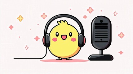Fototapeta premium Cute Yellow Chick with Headphones Near Microphone Illustration