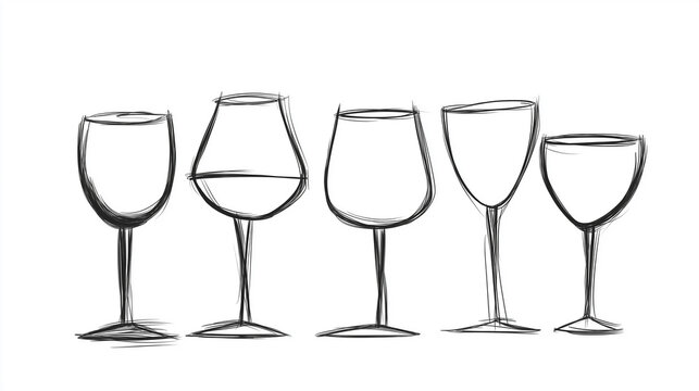 Five empty wine glasses of different shapes are drawn with sketchy lines