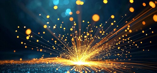 fiber optic concept. Vibrant explosion of golden particles against a dark blue background.