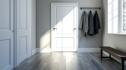 A decluttered entryway with a clean floor, a simple coat rack, and no excess items, showcasing a welcoming, organized space.