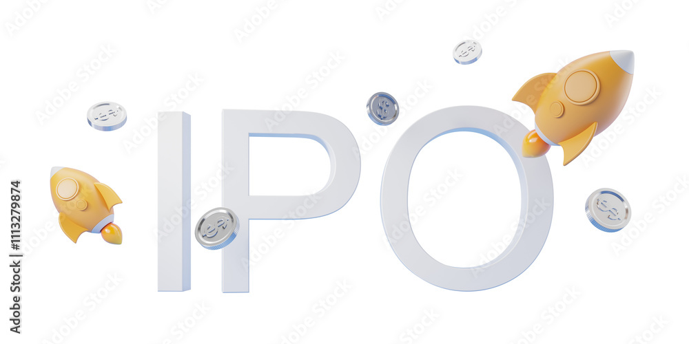 Poster white ipo text with yellow rockets and coins floating around, clean 3d rendering on a transparent ba