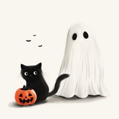 Obraz premium A playful Halloween scene featuring a black cat with a pumpkin and a ghost.