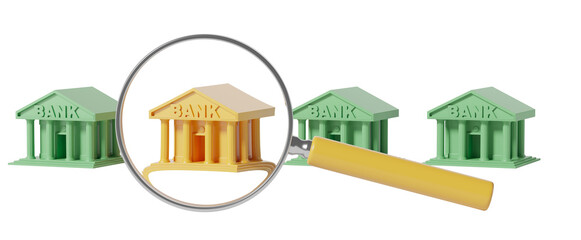 Yellow and green bank building models, isolated on a white background, with a magnifying glass focusing on the yellow bank. Concept of selection. 3D Rendering.