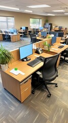 Naklejka premium Modern Office Workspace with Cubicles and Computers.