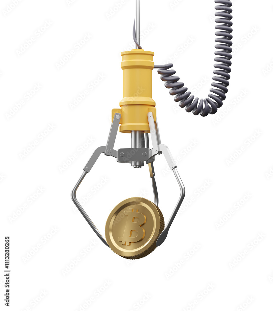 Poster bitcoin coin with a golden finish grasped by a claw machine mechanism, isolated on a white backgroun