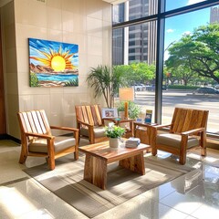 Obraz premium Modern Lobby with Wooden Chairs and Sunny Artwork.
