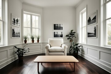 Fototapeta premium Bright sunlit room with white armchair, coffee table, and framed landscape photos.