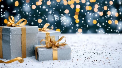 A festive scene featuring wrapped gifts with bows, surrounded by a snowy backdrop and lights.