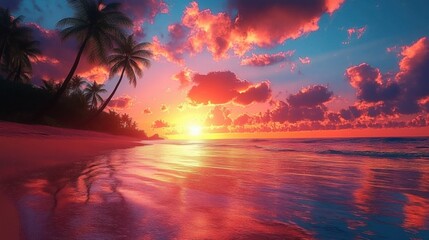 Serene Sunset Beach Scene in Vibrant Colors with Palm Trees and Calm Waters