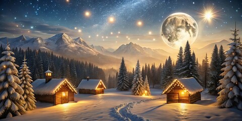 Naklejka premium Enchanted Winter Wonderland Cozy Cabins Glimmer Under a Giant Moon and Starry Sky
