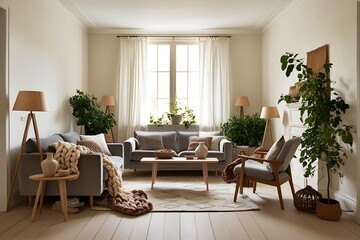 Fototapeta premium Bright living room with grey sofa, wooden furniture, plants, and natural light.