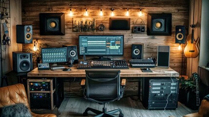 Fototapeta premium Modern Music Production Studio with Equipment and Ambient Lighting