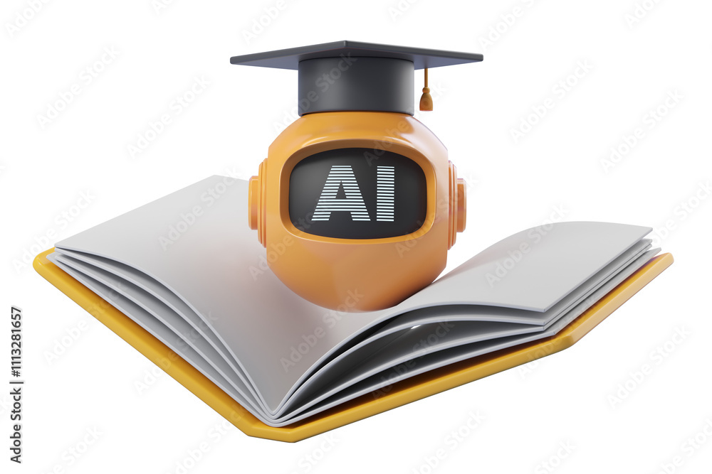 Poster orange ai robot with graduation cap, placed on an open book, isolated on white background, represent