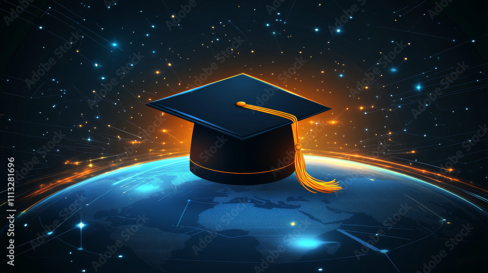 Poster e-learning distance graduate certificate program concept. low poly 3d render graduation cap on plane