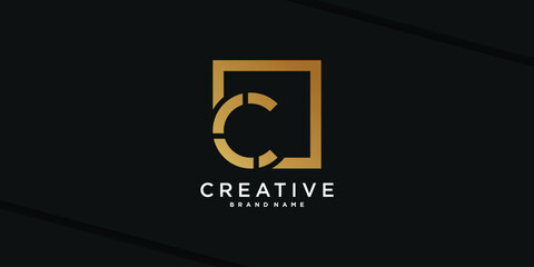 Letter initial C logo design with golden square concept. Premium Vector