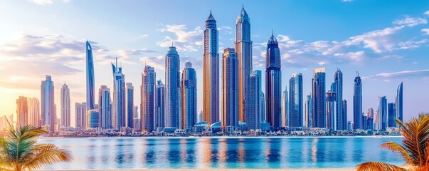 Stunning Urban Skyline of Dubai at Sunset with Reflection in Water