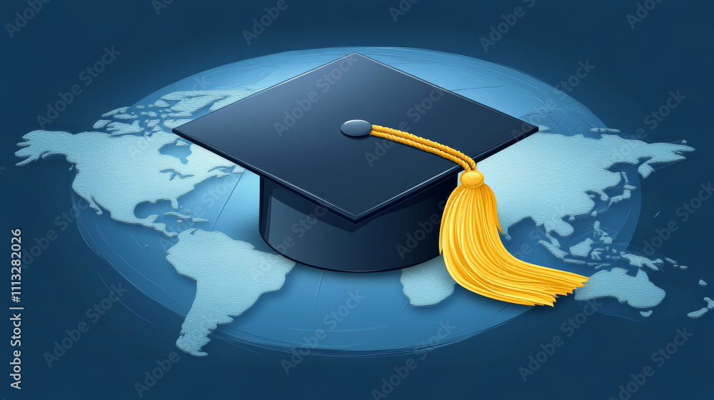 Poster e-learning distance graduate certificate program concept. low poly 3d render graduation cap on plane