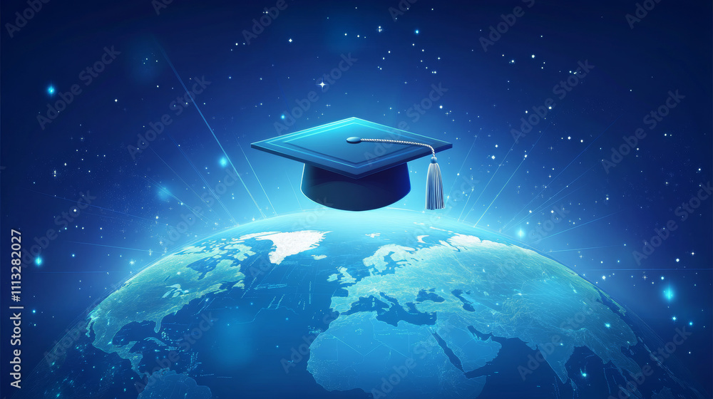 Poster e-learning distance graduate certificate program concept. low poly 3d render graduation cap on plane
