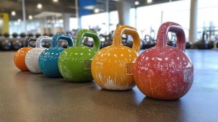 Naklejka premium A row of colorful kettlebells arranged in a gym setting for fitness training.