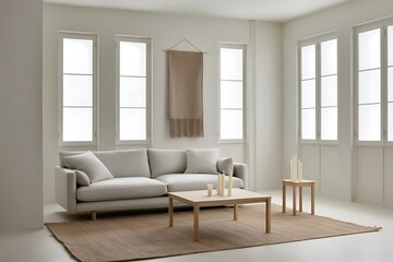 Fototapeta premium Minimalist living room with light beige sofa, coffee table, rug, and wall hanging.