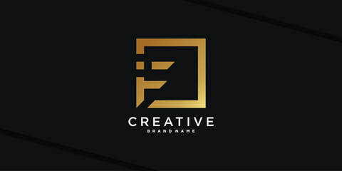 Letter initial F logo design with golden square concept. Premium Vector