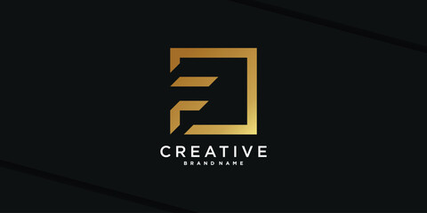 Letter initial F logo design with golden square concept. Premium Vector