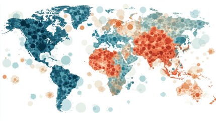Fototapeta premium Global map displaying data trends with colorful dots representing various regions and metrics over time