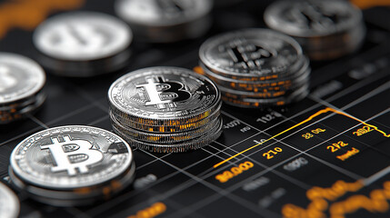 Digital illustration of Bitcoin coins on financial chart background