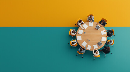 Aerial view of modern meeting room with round table and chairs