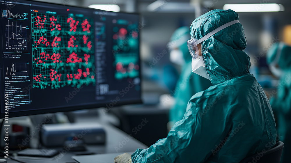 Aufkleber healthcare worker analyzes data on large screen in lab
