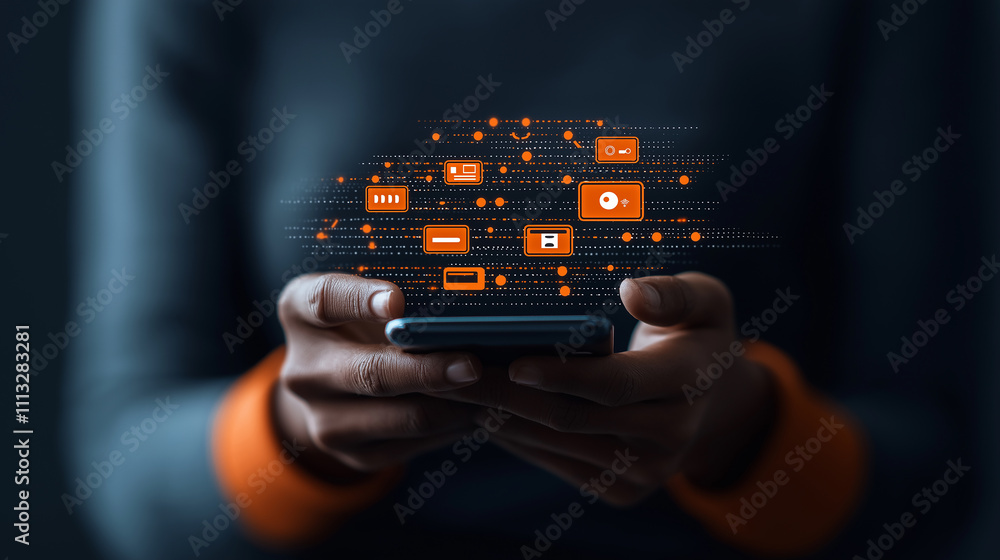Aufkleber person using smartphone with digital icons floating above it, showcasing technology