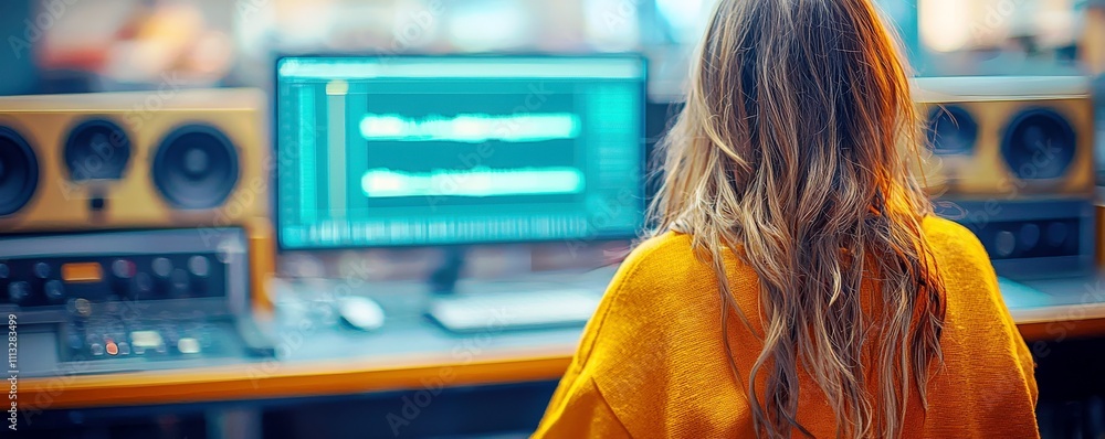 Poster creative person working in music studio with computer screen display