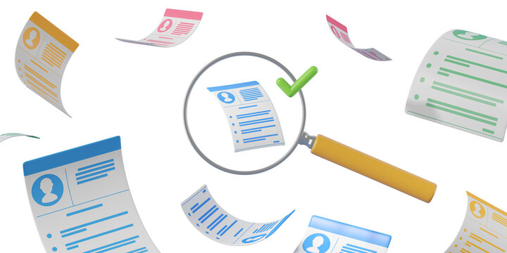 Magnifying glass focusing on a highlighted resume among multiple floating resumes, colorful layouts, isolated on a clean white background, concept of recruitment. 3D Rendering.