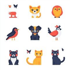 Charming Collection of Cute Animal Illustrations Featuring a Cat, Dog, Owl, and Colorful Birds on a Playful Background for Kids and Pet Lovers