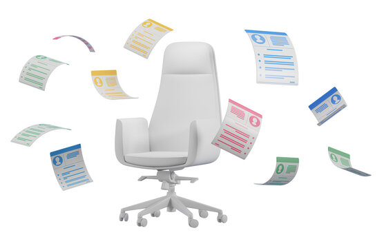 White office chair with scattered multicolored resumes floating around, isolated on a clean white background. Concept of recruitment and HR. 3D Rendering.