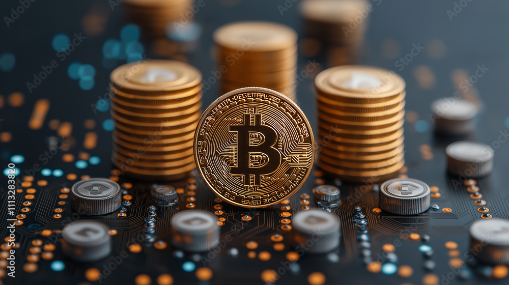 Aufkleber Digital currency exchange with Bitcoin and coins on circuit board