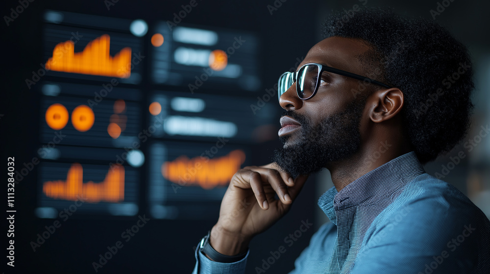 Poster thoughtful man analyzing data on digital screens in modern office