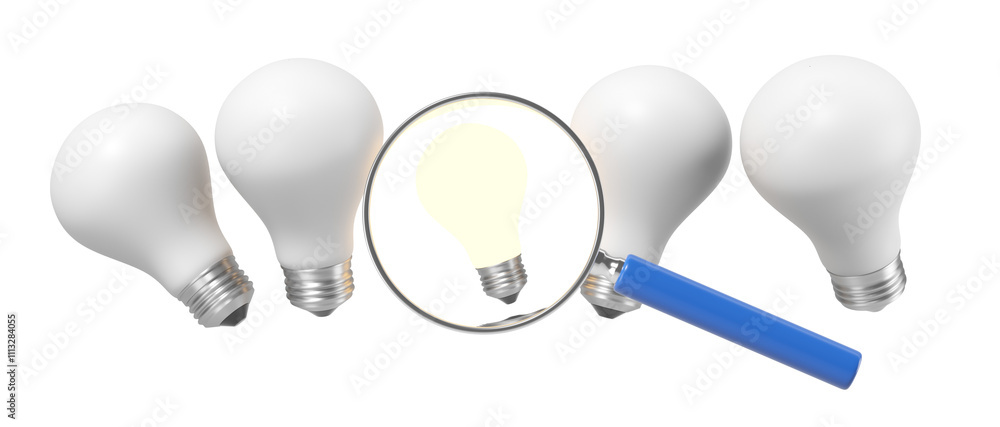 Poster multiple white lightbulbs isolated on white background with a magnifying glass emphasizing one glowi