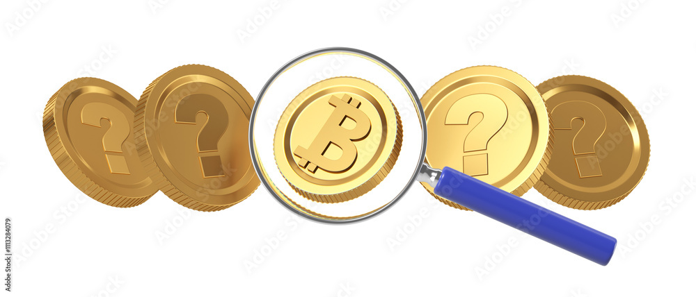 Aufkleber golden bitcoin coin highlighted by magnifying glass among coins with question marks on white backgro