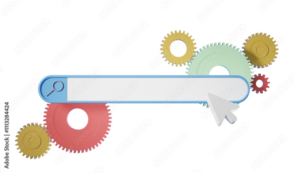 Poster search bar graphic with magnifying glass icon and colorful gears, isolated on a white background, re