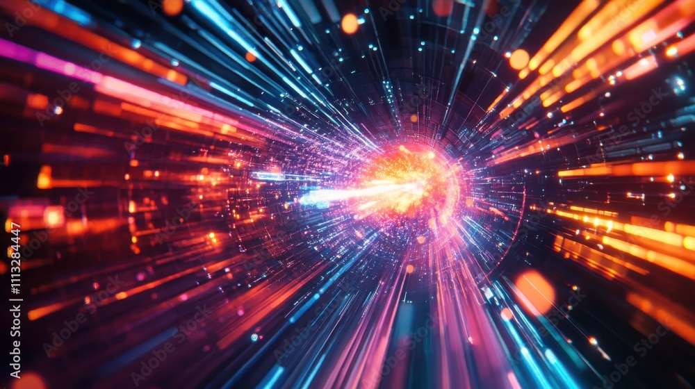 Poster dynamic visual display of light particles in a vibrant, abstract representation of energy flow