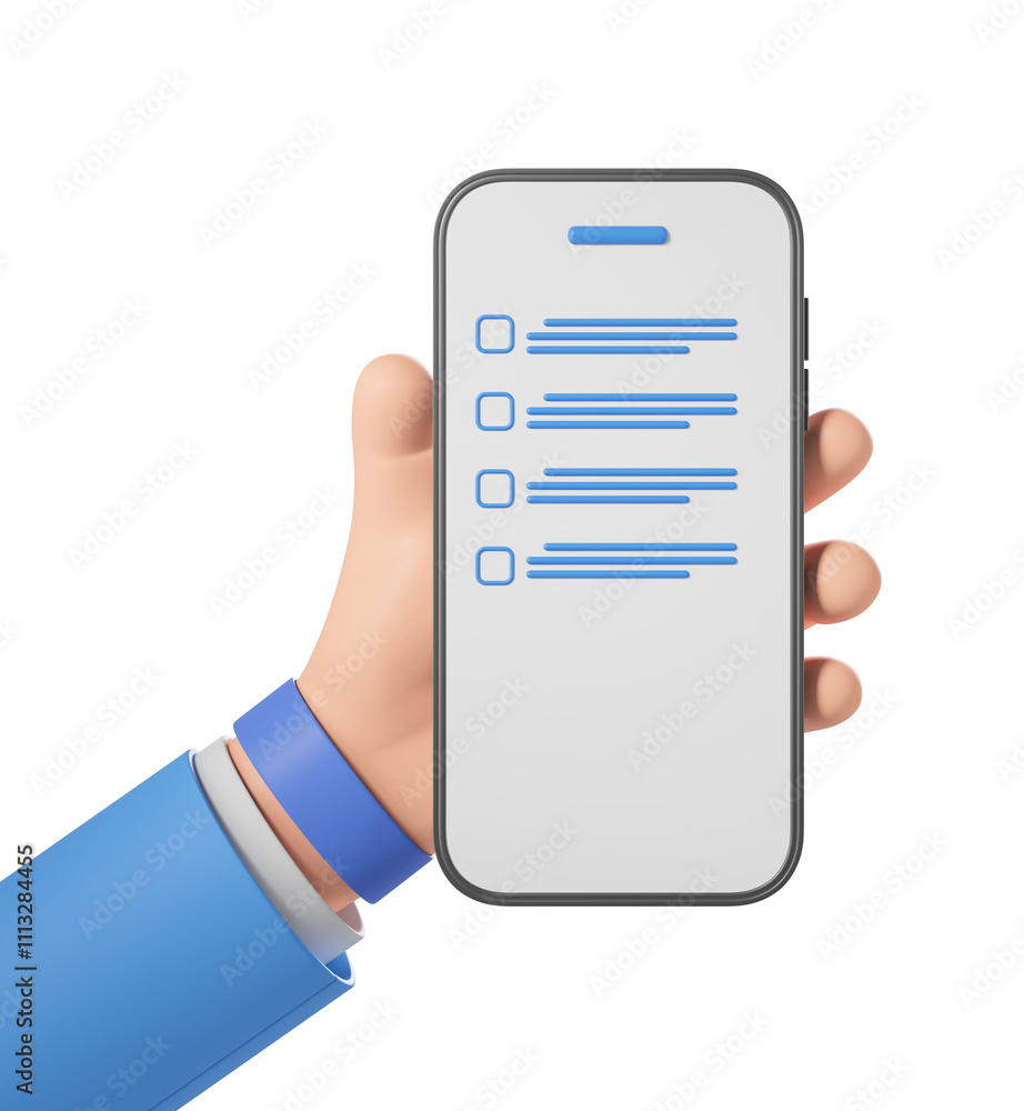 Poster hand holding smartphone with a checklist interface, modern 3d rendering style, isolated on white bac