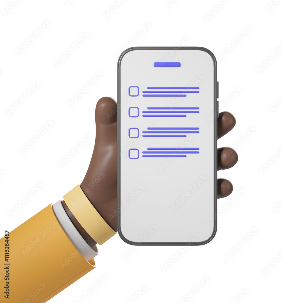 Poster 3d rendering of a hand holding a smartphone displaying a checklist interface, isolated on a white ba