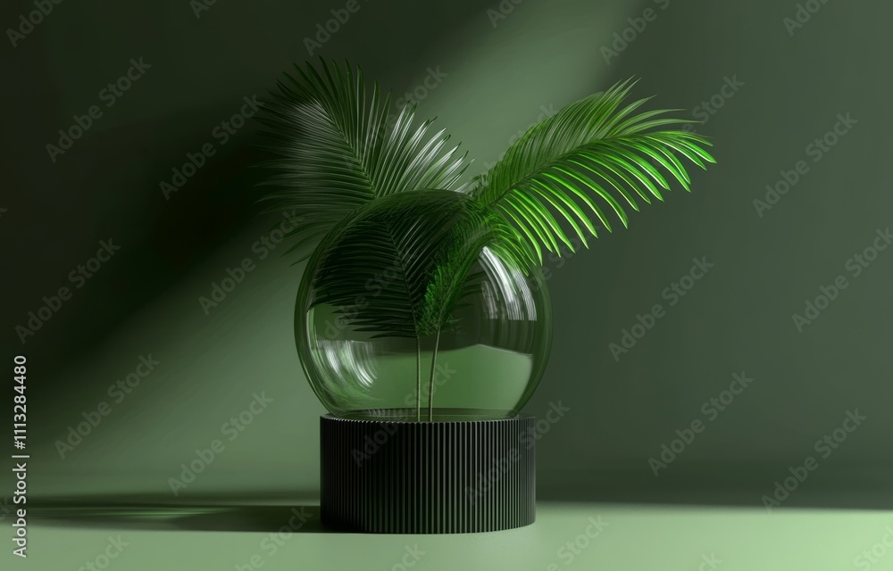Aufkleber minimalist cgi display platform with green glass dome and palm leaf on olive background