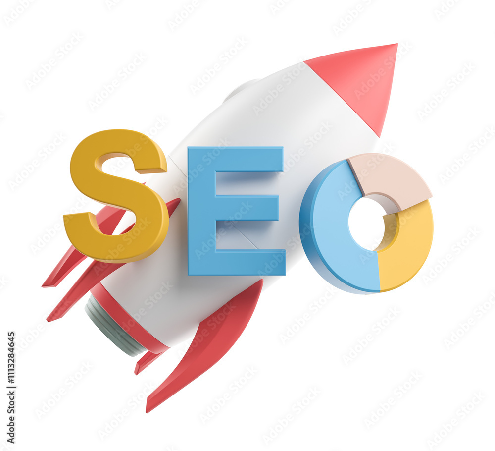 Aufkleber 3d rendering of a rocket with vibrant seo text and a pie chart, isolated on a white background. conc