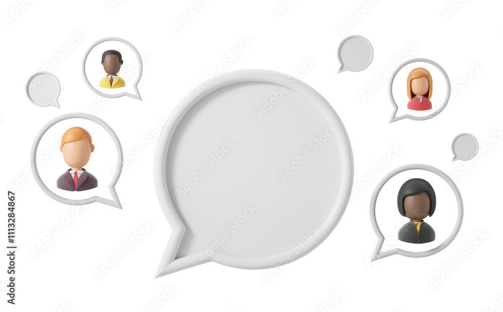 Poster speech bubbles with cartoon-style diverse avatars inside, arranged on an isolated white background, 