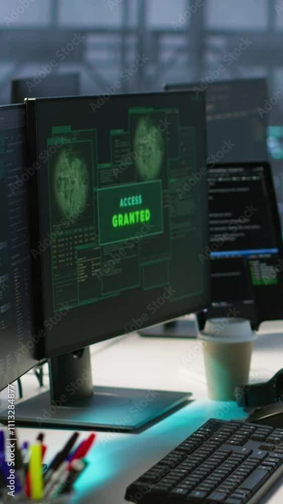 Poster vertical video data scientists receive access granted notification while reconfiguring server hub, o