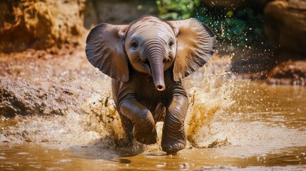 Fototapeta premium Baby Elephant Splashing in Mud