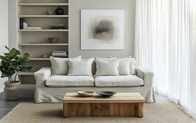 Minimalist living room with linen sofa, wooden coffee table, and abstract art.